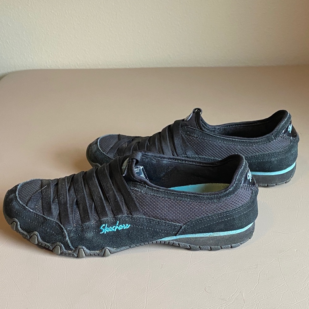 Skechers Black Slip-On Sneakers with Teal Logo Accents - Picture 4 of 6